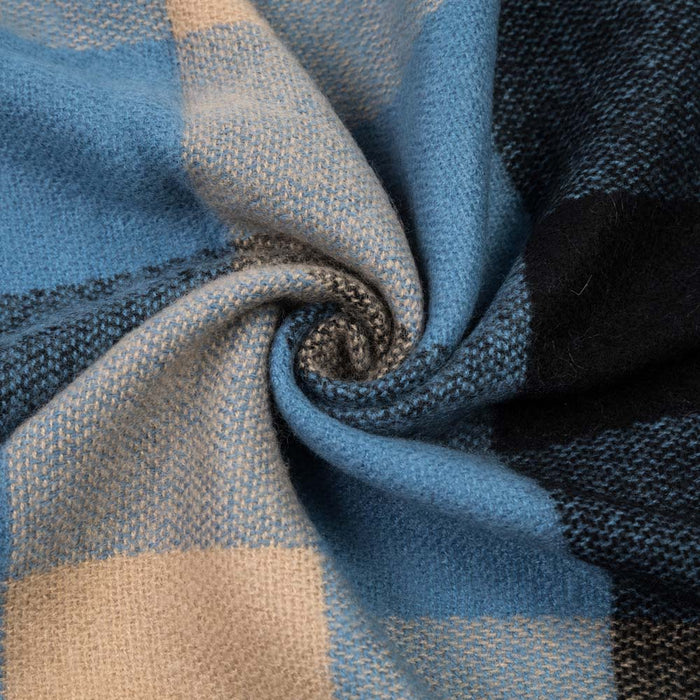 Unisex Oversized Gray/Blue and Beige Plaid Scarf with Tassels