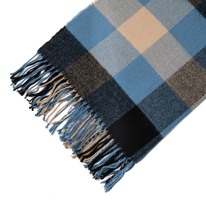 Unisex Oversized Gray/Blue and Beige Plaid Scarf with Tassels