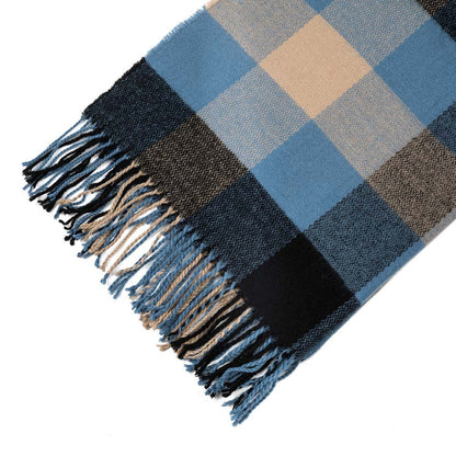 Unisex Oversized Gray/Blue and Beige Plaid Scarf with Tassels