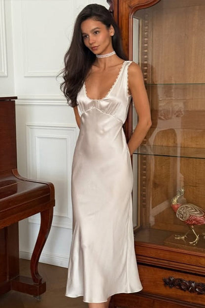 V Neck Backless Satin Lace Trim Waisted Midi Dress