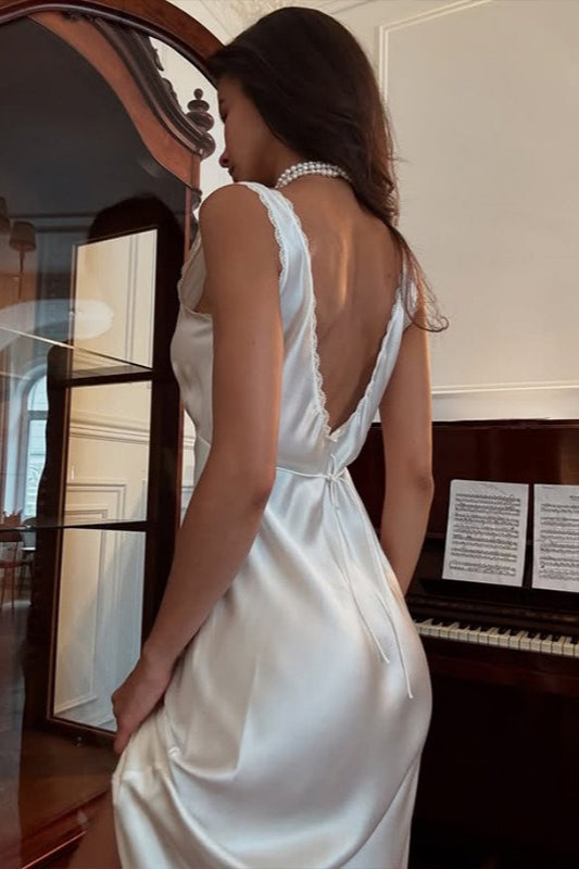 V Neck Backless Satin Lace Trim Waisted Midi Dress
