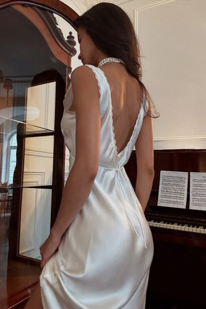 V Neck Backless Satin Lace Trim Waisted Midi Dress