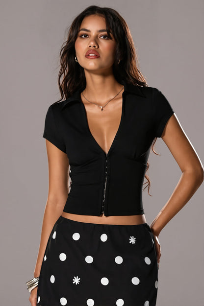 V Neck Button Elastic Slim Crop Blouse