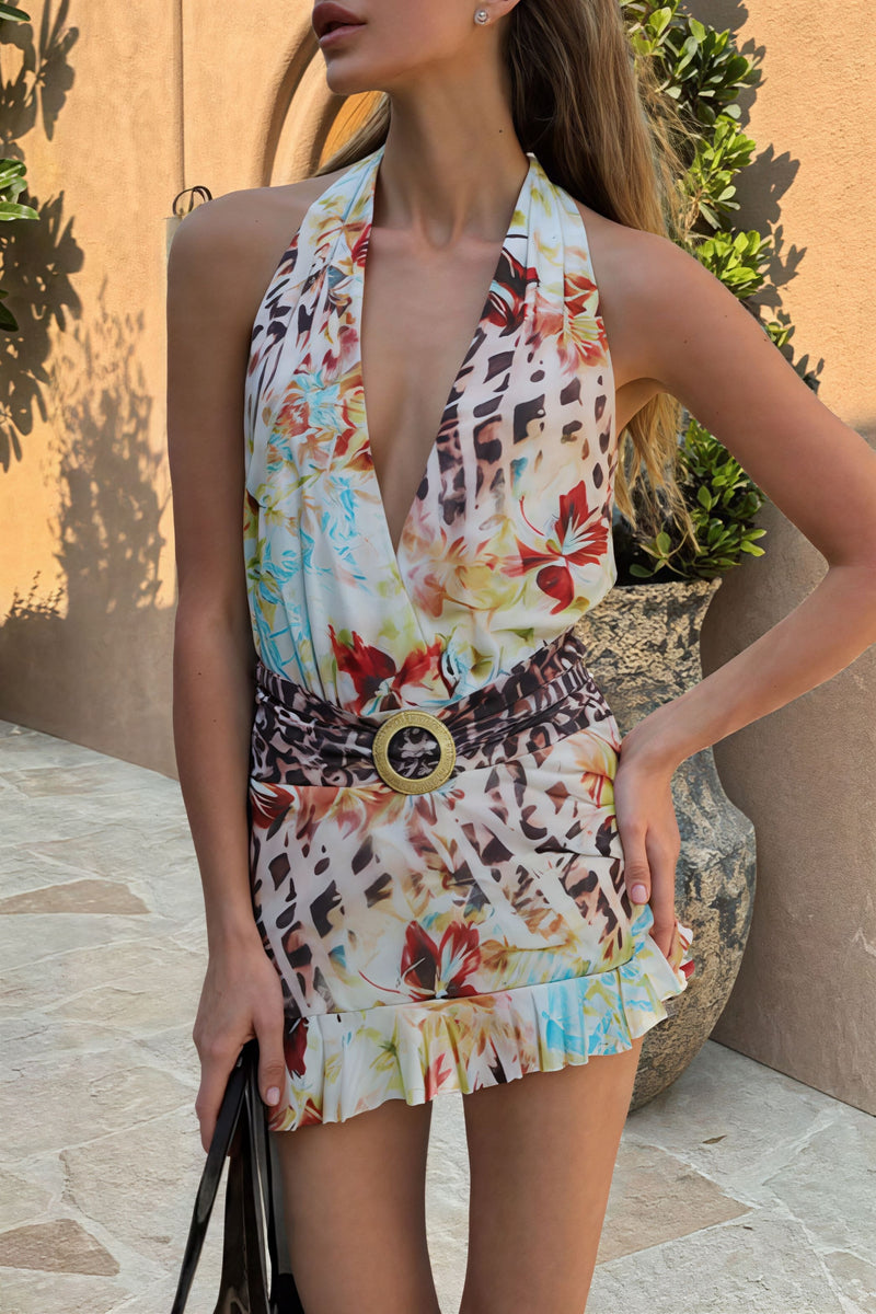 V Neck Halter Tie Back Mini Dress