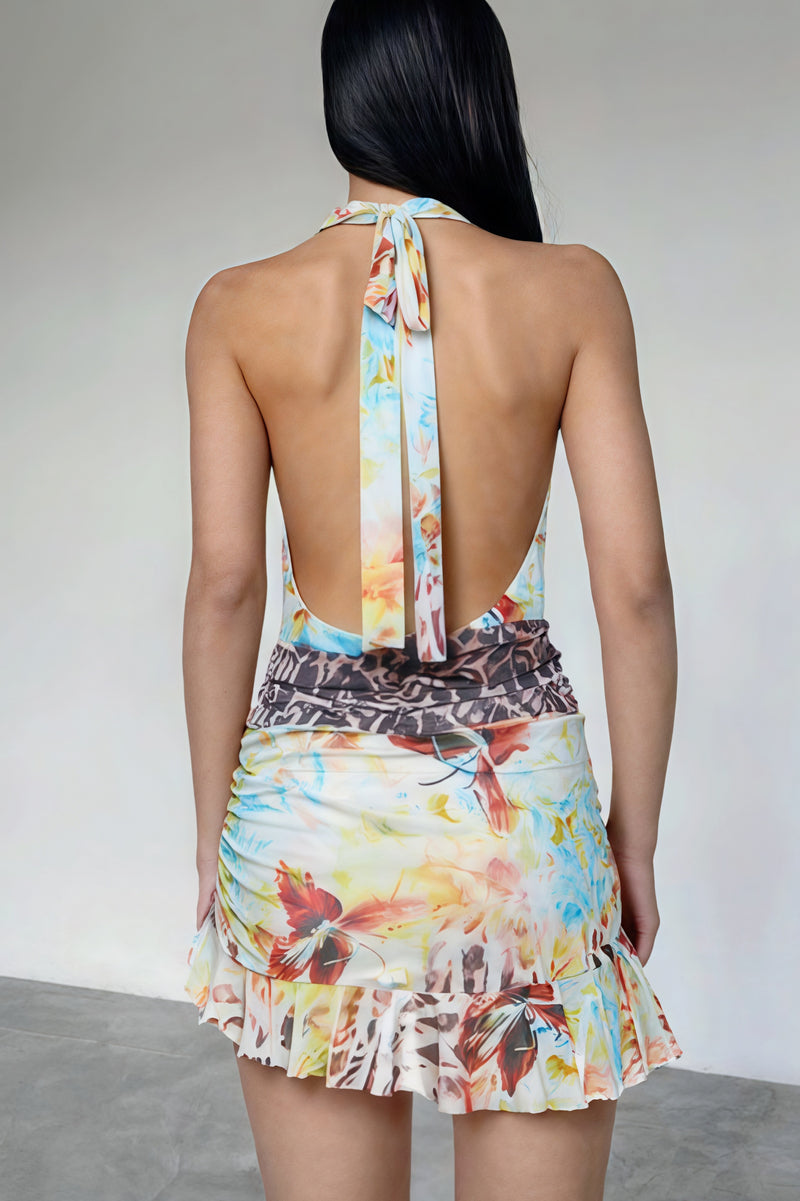 V Neck Halter Tie Back Mini Dress