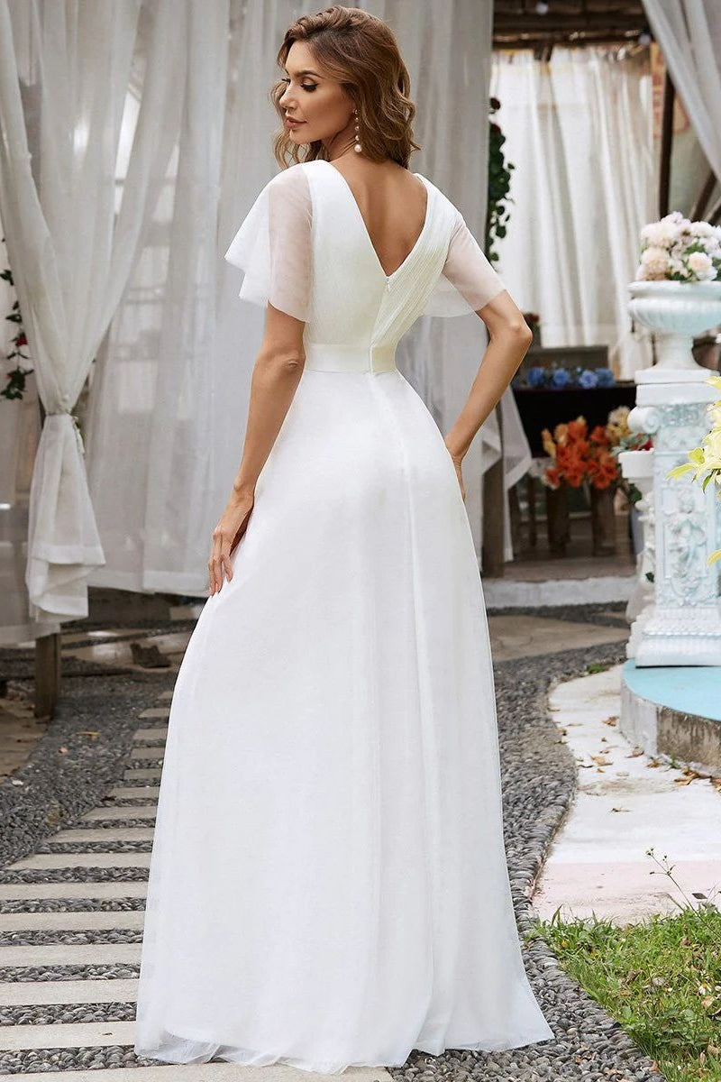 V Neck Mesh Elegant Ruffle Long Reception Dress