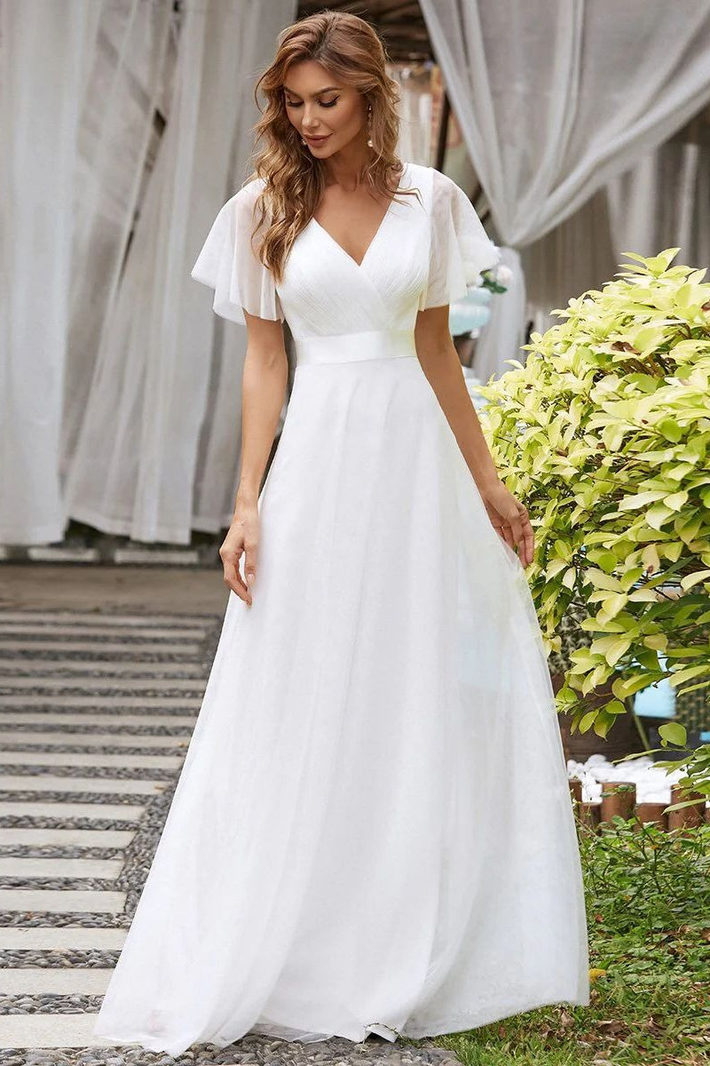 V Neck Mesh Elegant Ruffle Long Reception Dress