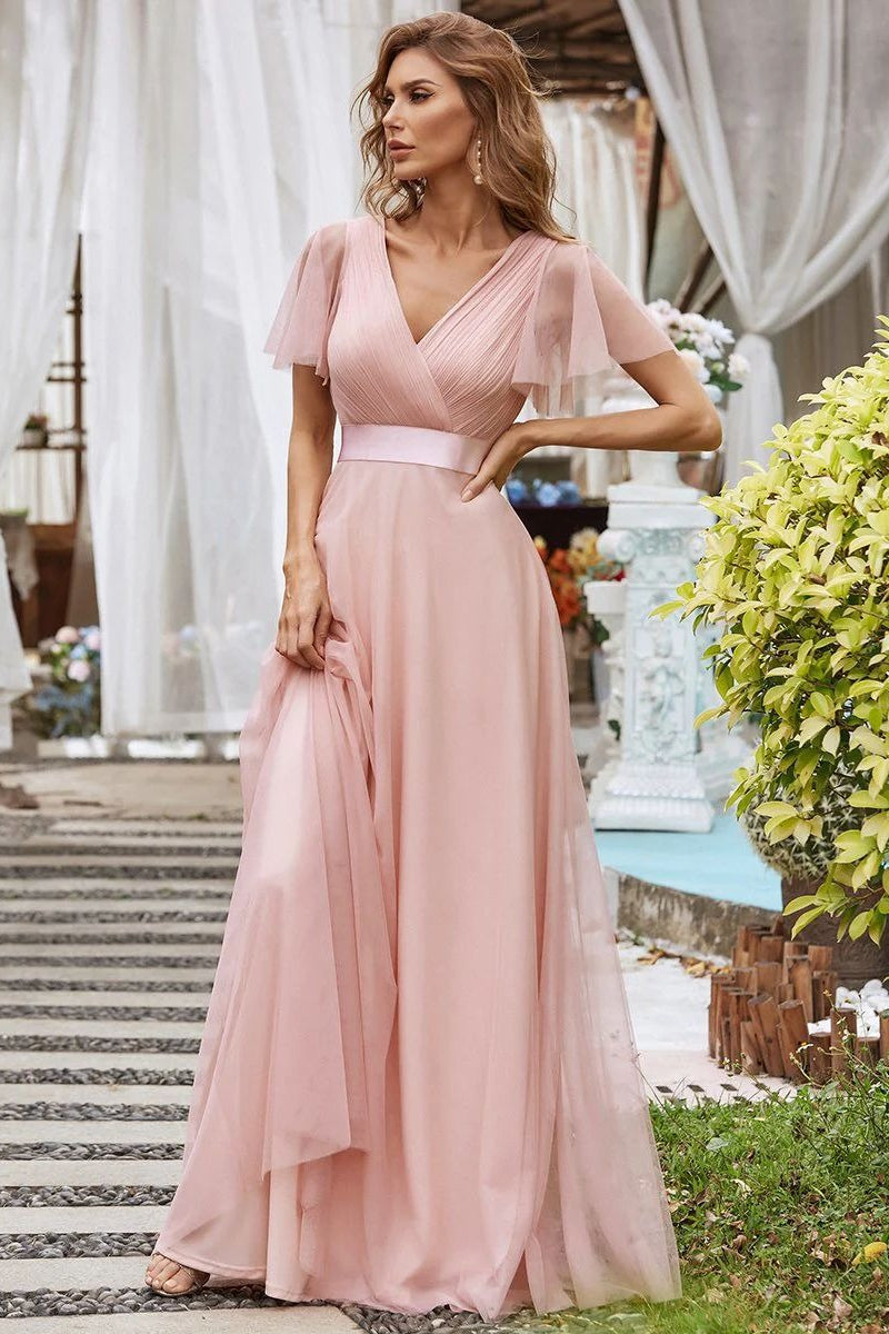 V Neck Mesh Elegant Ruffle Long Reception Dress