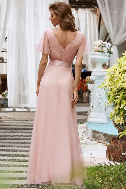 V Neck Mesh Elegant Ruffle Long Reception Dress