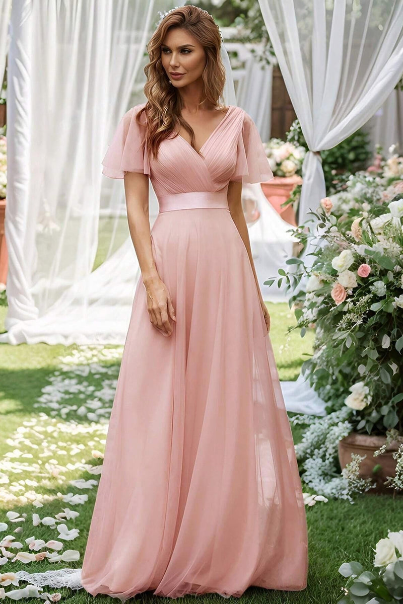 V Neck Mesh Elegant Ruffle Long Reception Dress