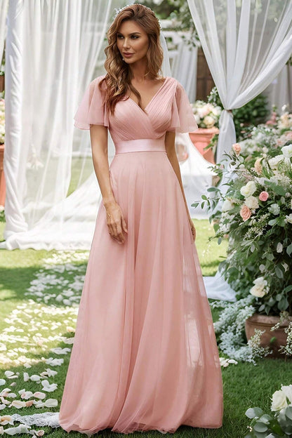 V Neck Mesh Elegant Ruffle Long Reception Dress