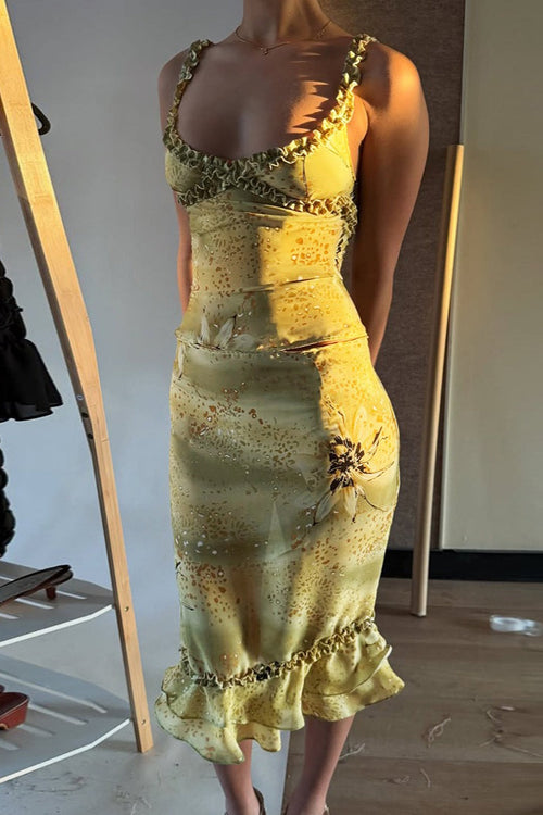 V Neck Ruched Ruffle Floral Print Midi Dress