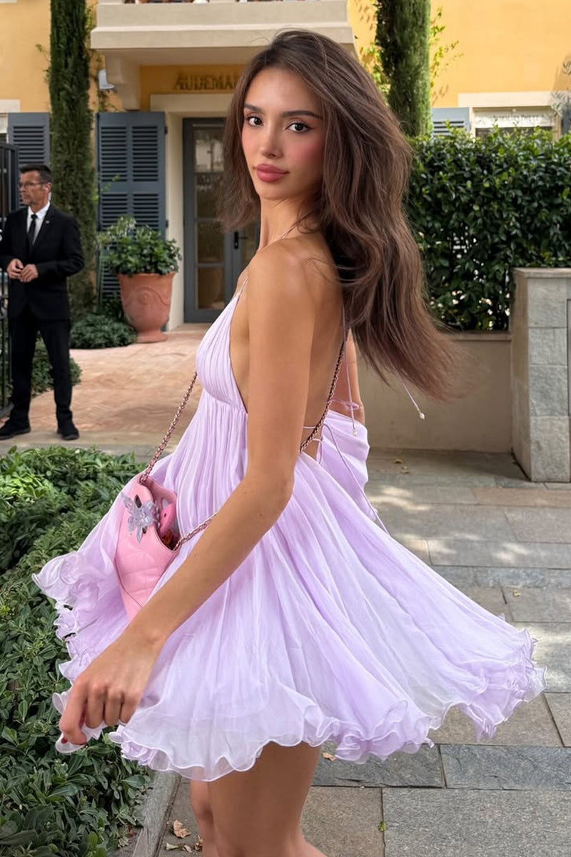 V Neck Sexy Tie A-Line Ruffled Mini Dress