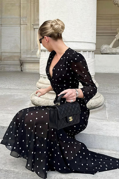 V Neck Waist Long Sleeve High Slit Polka Dot Midi Dress