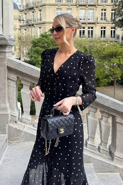 V Neck Waist Long Sleeve High Slit Polka Dot Midi Dress