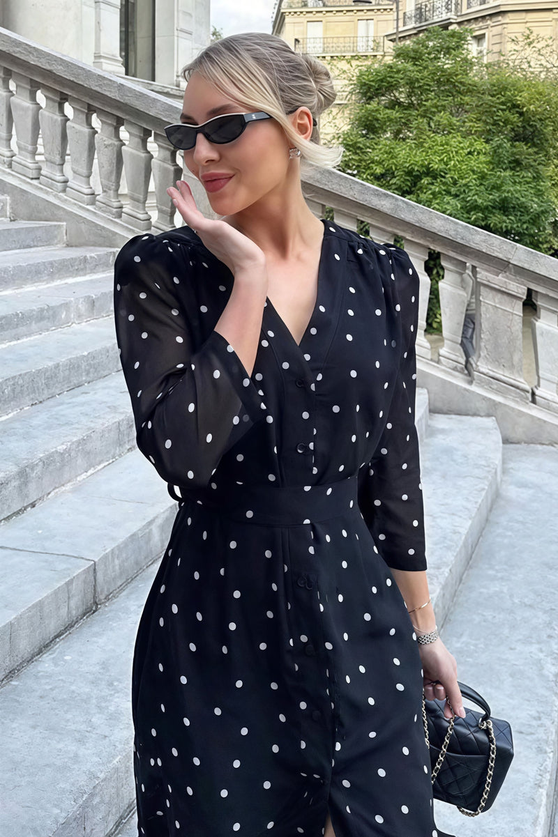 V Neck Waist Long Sleeve High Slit Polka Dot Midi Dress
