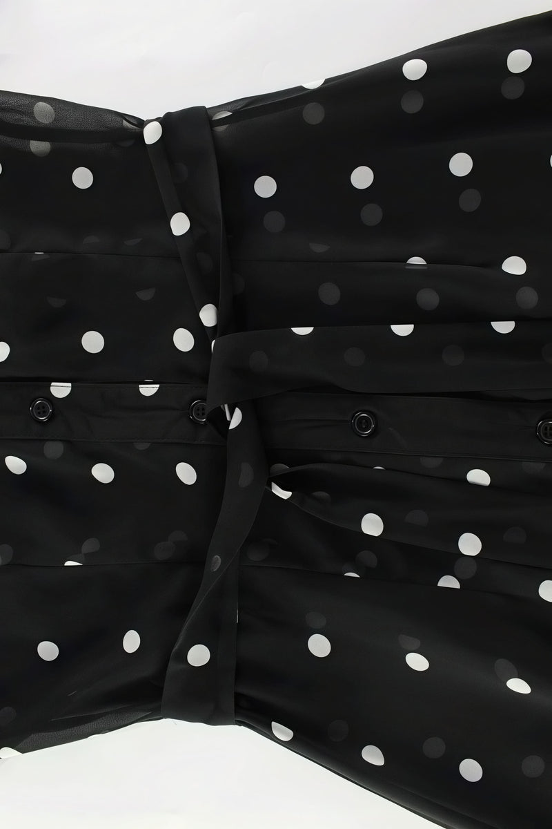 V Neck Waist Long Sleeve High Slit Polka Dot Midi Dress