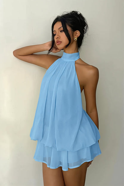 Vacation Halter Backless High Waist Flowy Mini Dress