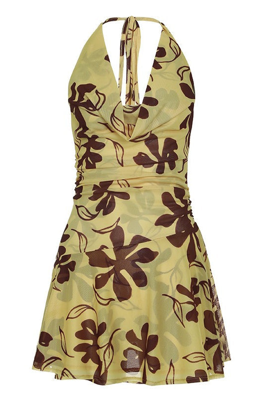 Vacation Halter Floral Backless Mini Dress