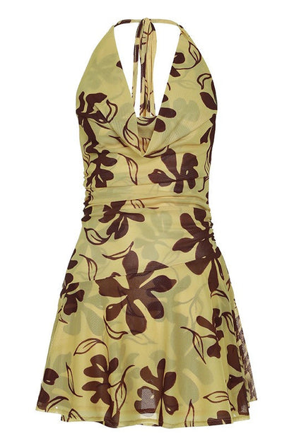 Vacation Halter Floral Backless Mini Dress