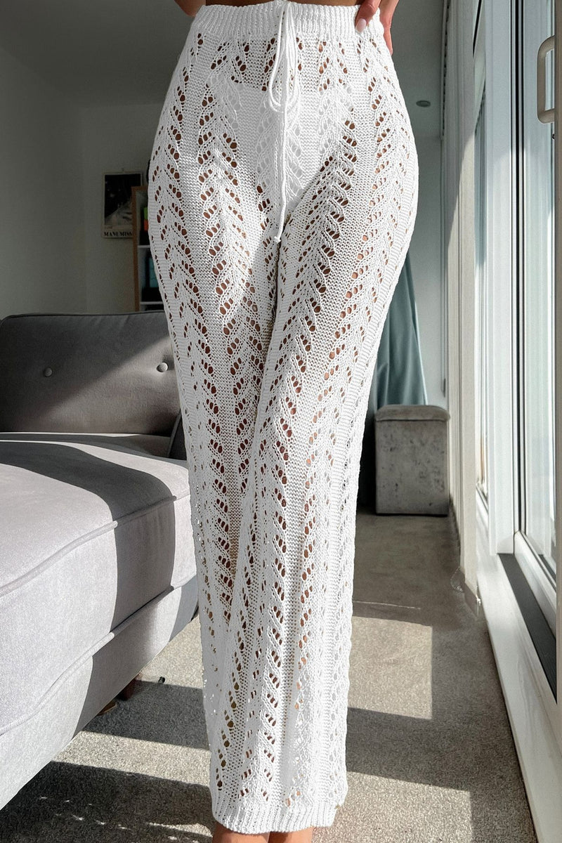 Vacation Knit Hollow Out Tie Flared Pants