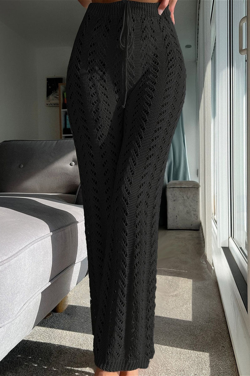 Vacation Knit Hollow Out Tie Flared Pants