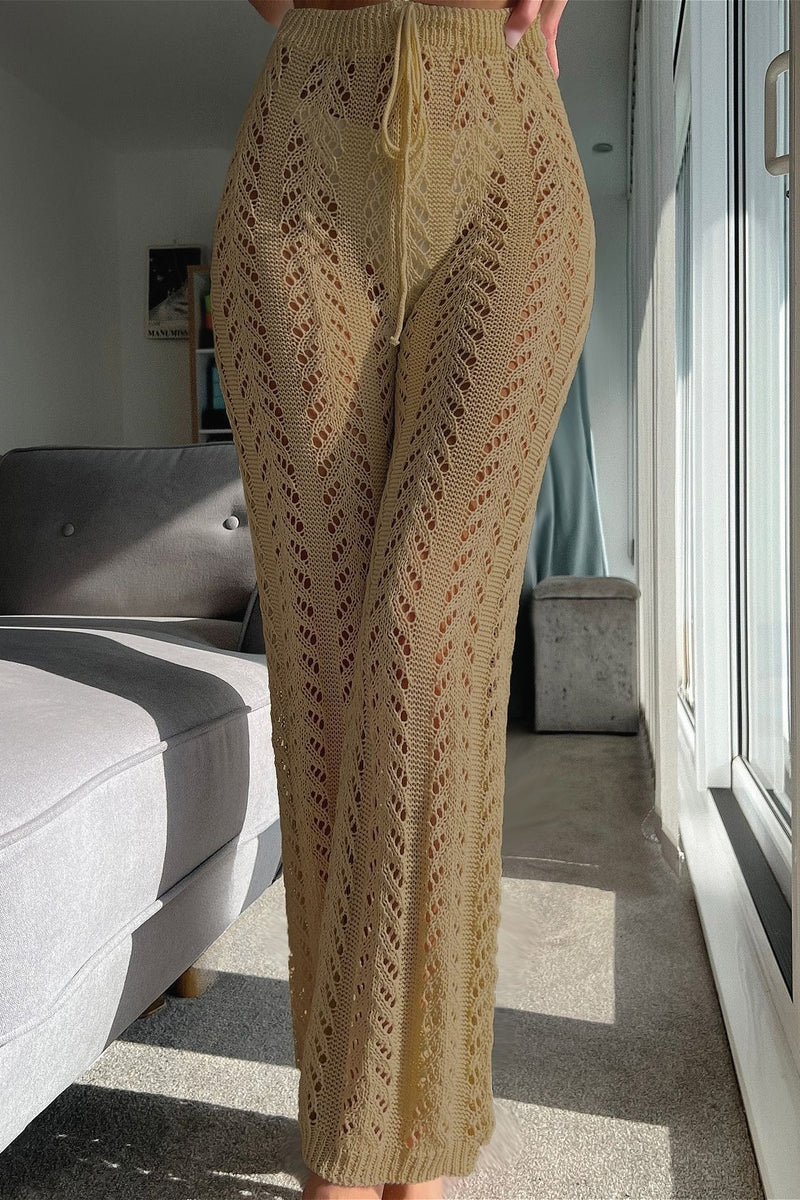 Vacation Knit Hollow Out Tie Flared Pants
