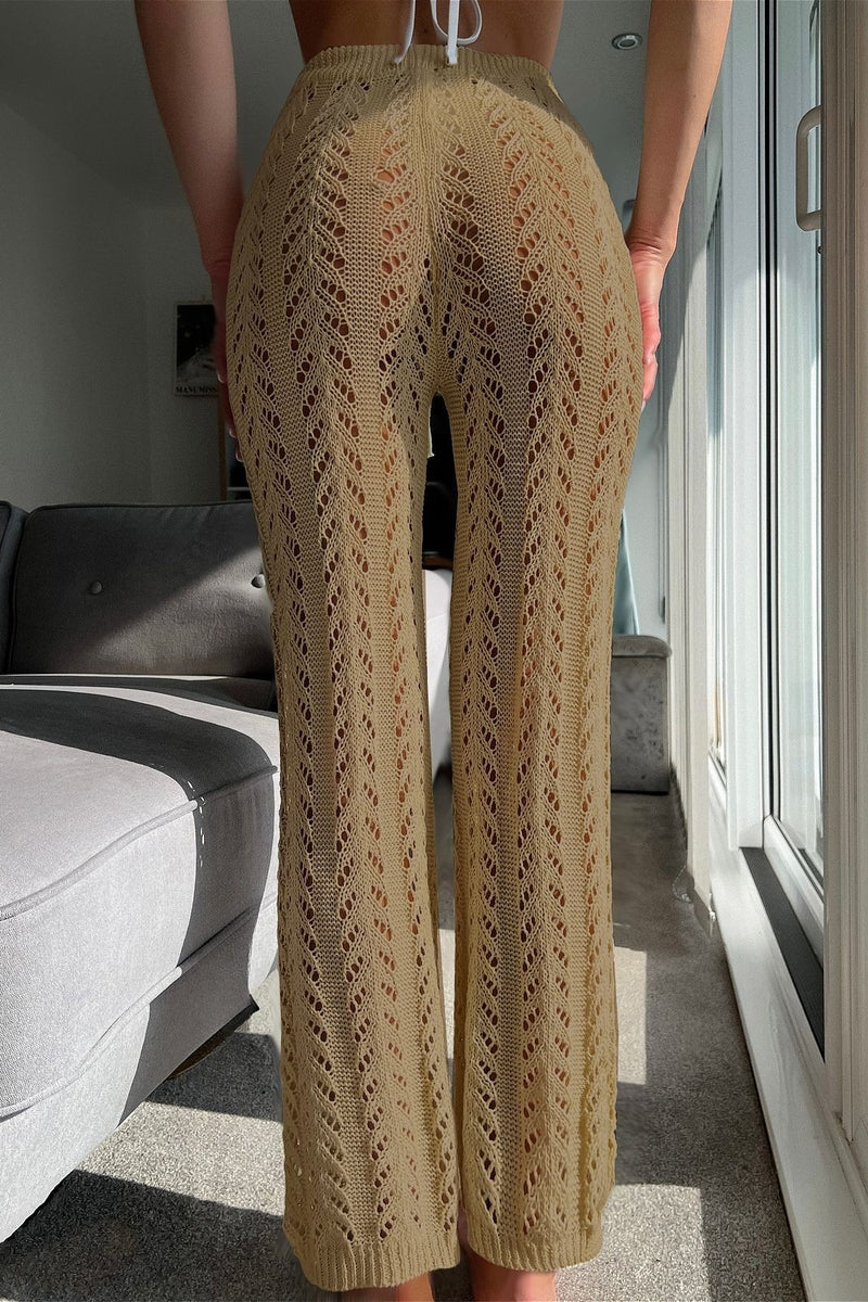 Vacation Knit Hollow Out Tie Flared Pants