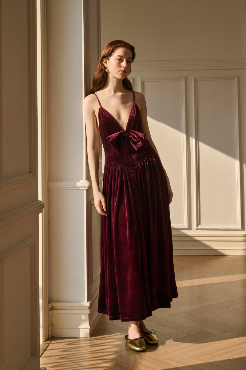Velvet open back maxi dress