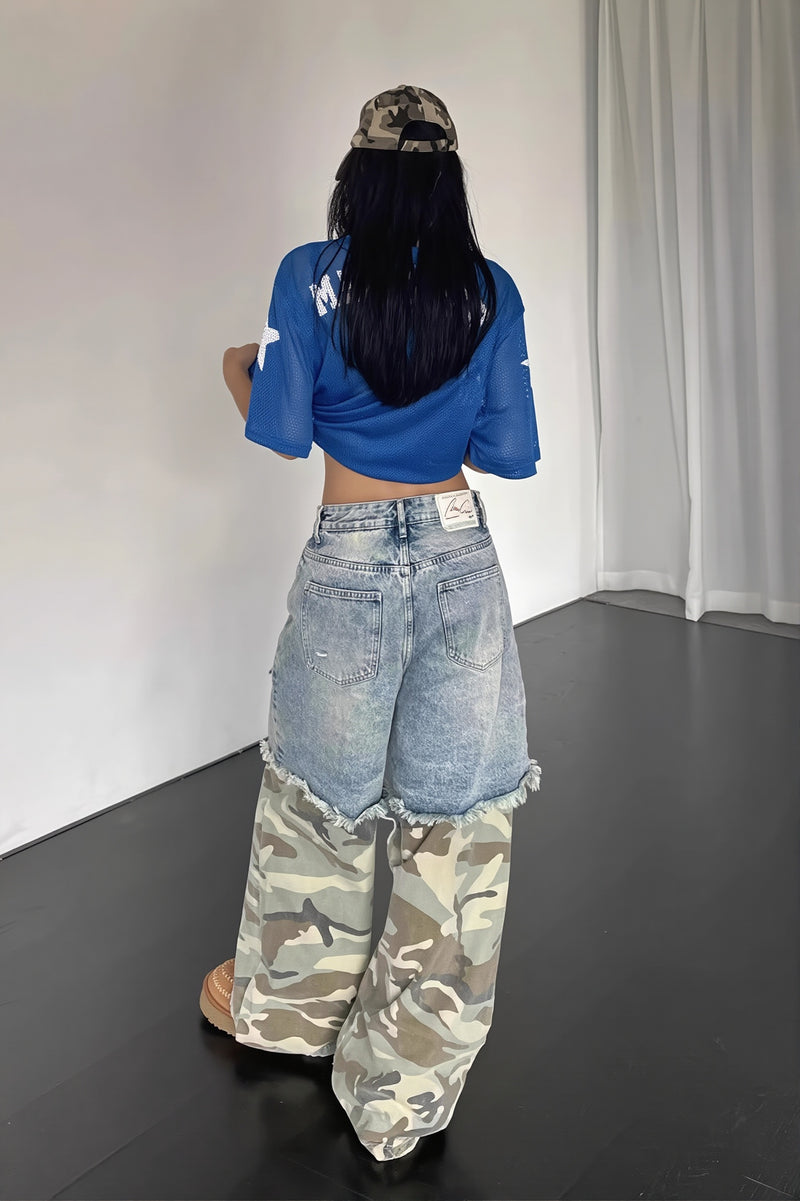 Vintage Camo Print Spliced Loose Jeans