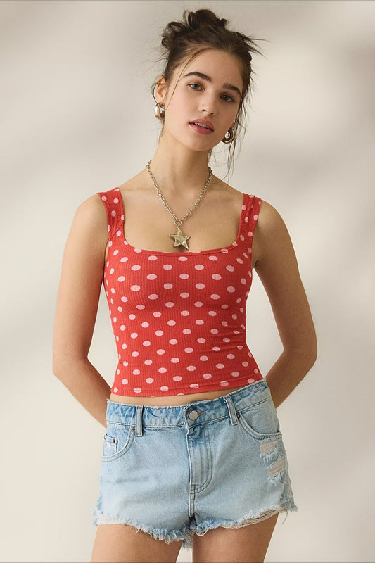 Vintage Dot Ribbed Square Neck Fitted Tank Top