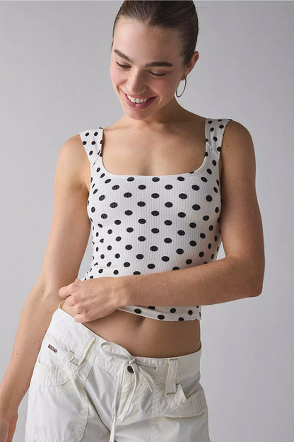 Vintage Dot Ribbed Square Neck Fitted Tank Top