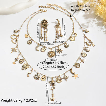 Vintage Heart Sun Moon Tassel NeckLace