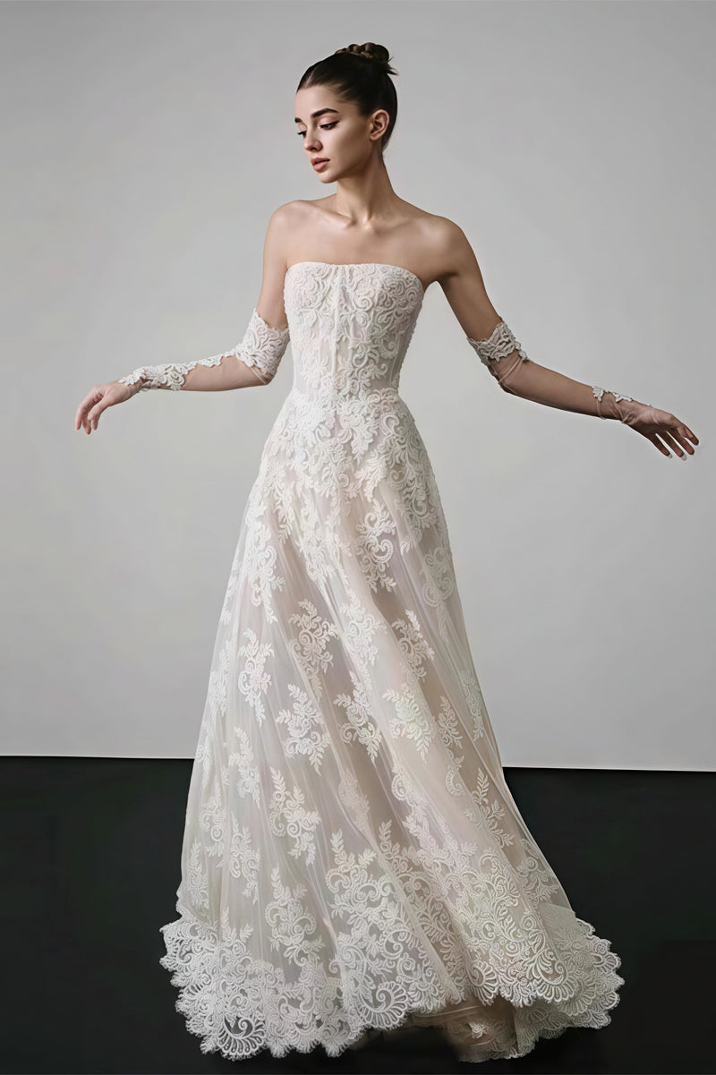 Vintage Lace Bandeau Floral Print Reception Dress