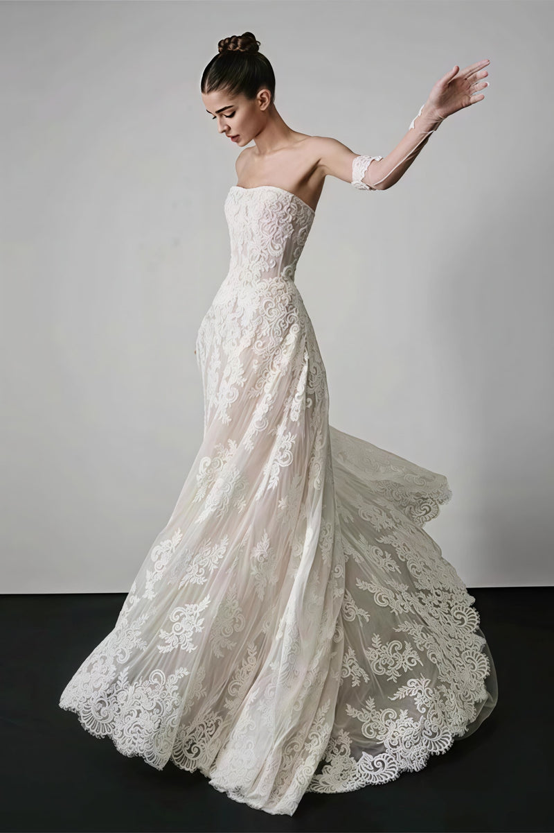 Vintage Lace Bandeau Floral Print Reception Dress