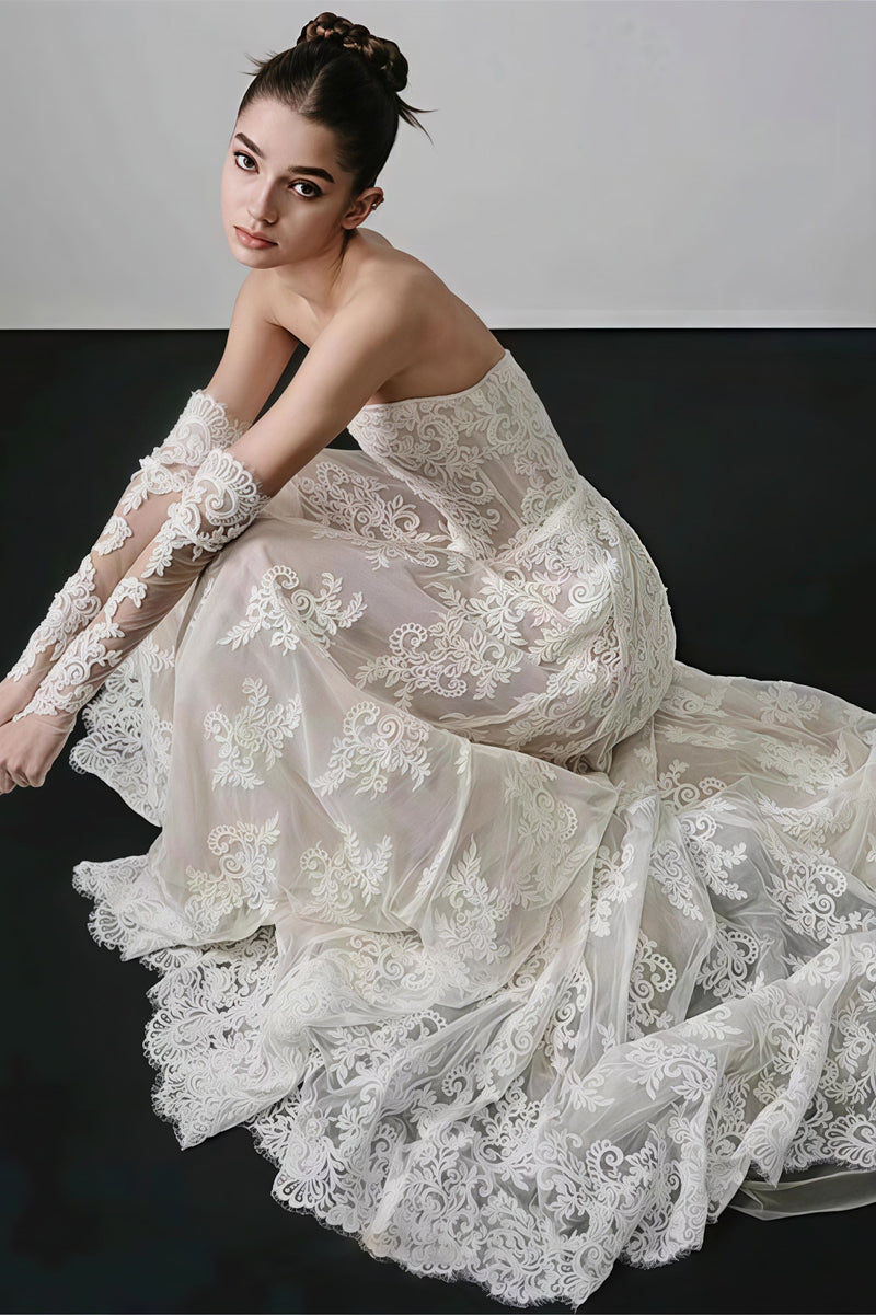 Vintage Lace Bandeau Floral Print Reception Dress