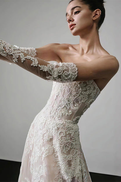 Vintage Lace Bandeau Floral Print Reception Dress