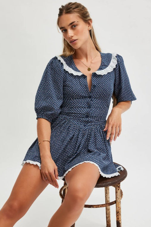 Vintage Polka Dot Peter Pan Collar Puff Sleeve Mini Dress