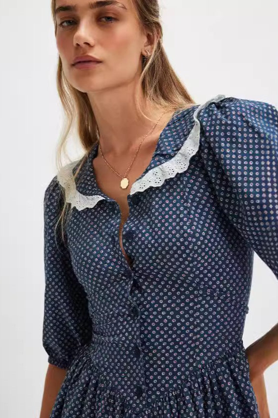 Vintage Polka Dot Peter Pan Collar Puff Sleeve Mini Dress