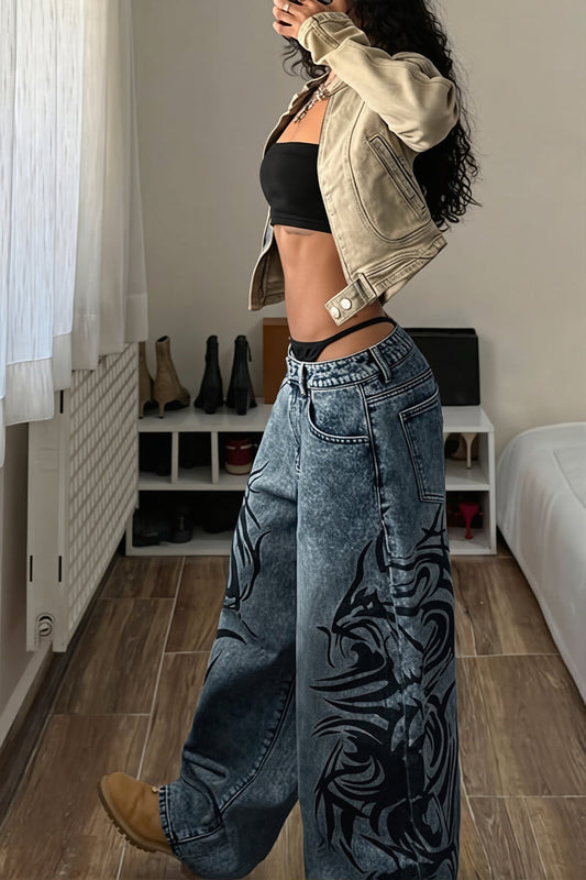 Vintage Printed Loose Straight Jeans