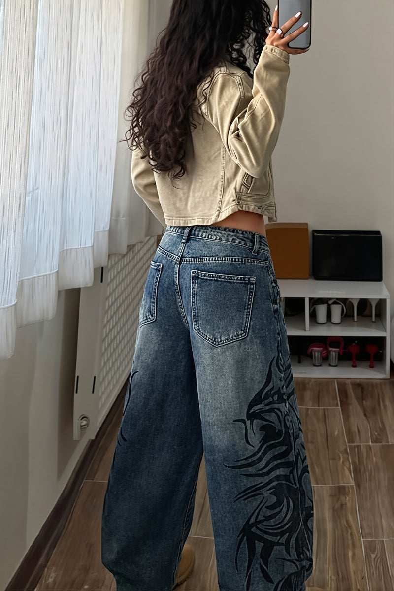 Vintage Printed Loose Straight Jeans