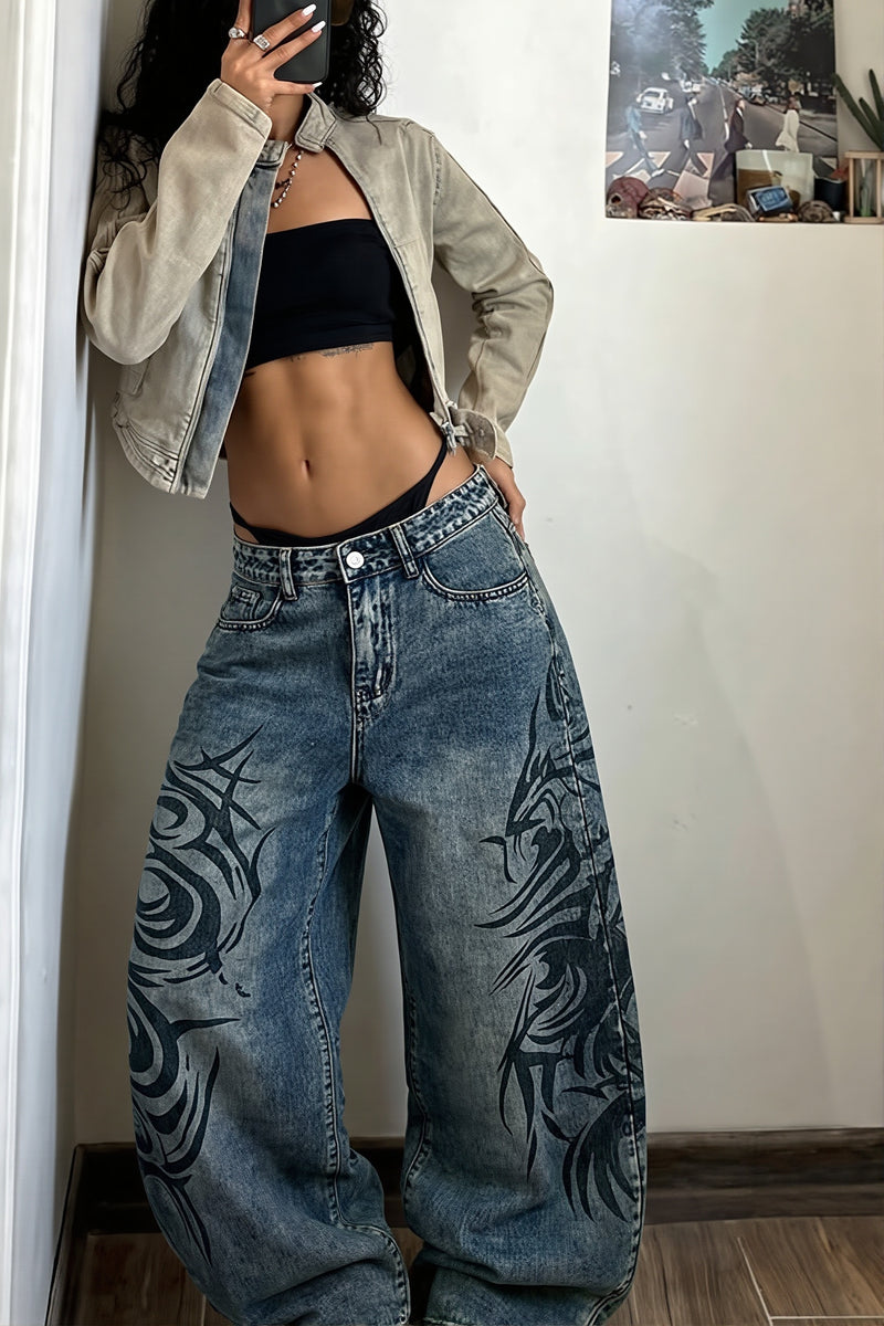 Vintage Printed Loose Straight Jeans
