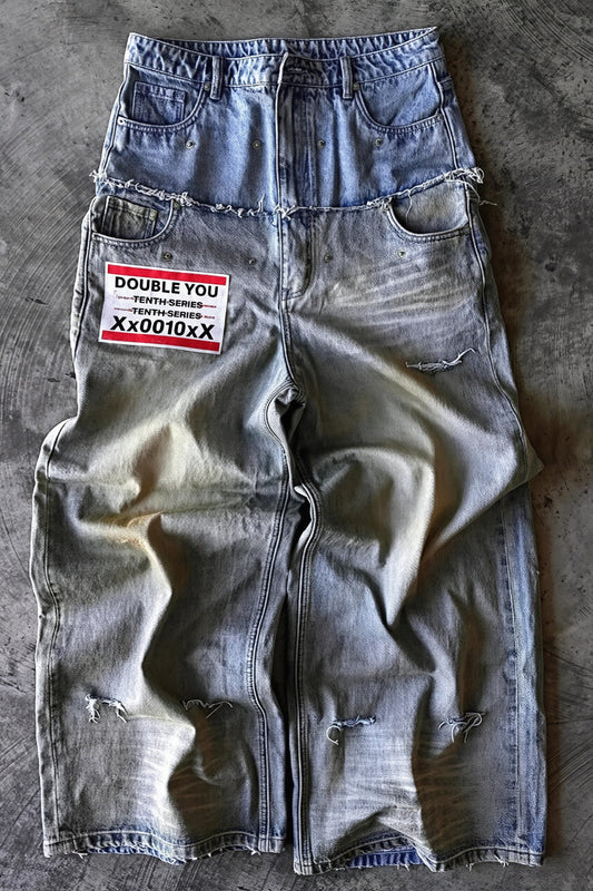 Vintage Raw Hem Double Waist Rivet Ripped Jeans