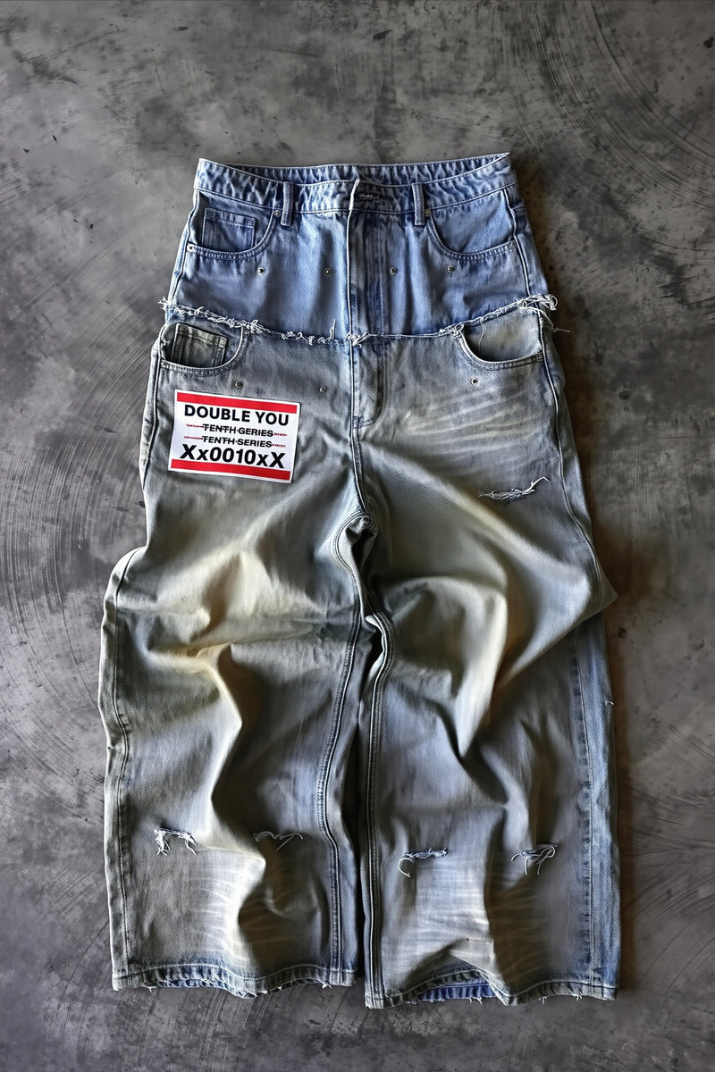 Vintage Raw Hem Double Waist Rivet Ripped Jeans