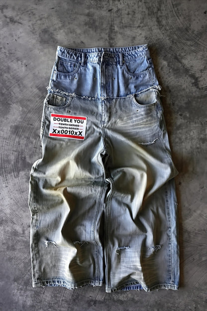 Vintage Raw Hem Double Waist Rivet Ripped Jeans