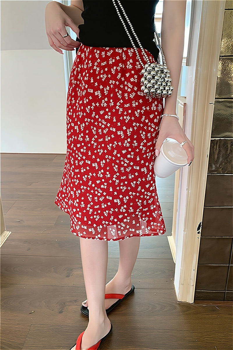 Vintage Red Floral High Waist Midi Skirt