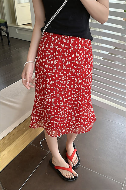Vintage Red Floral High Waist Midi Skirt