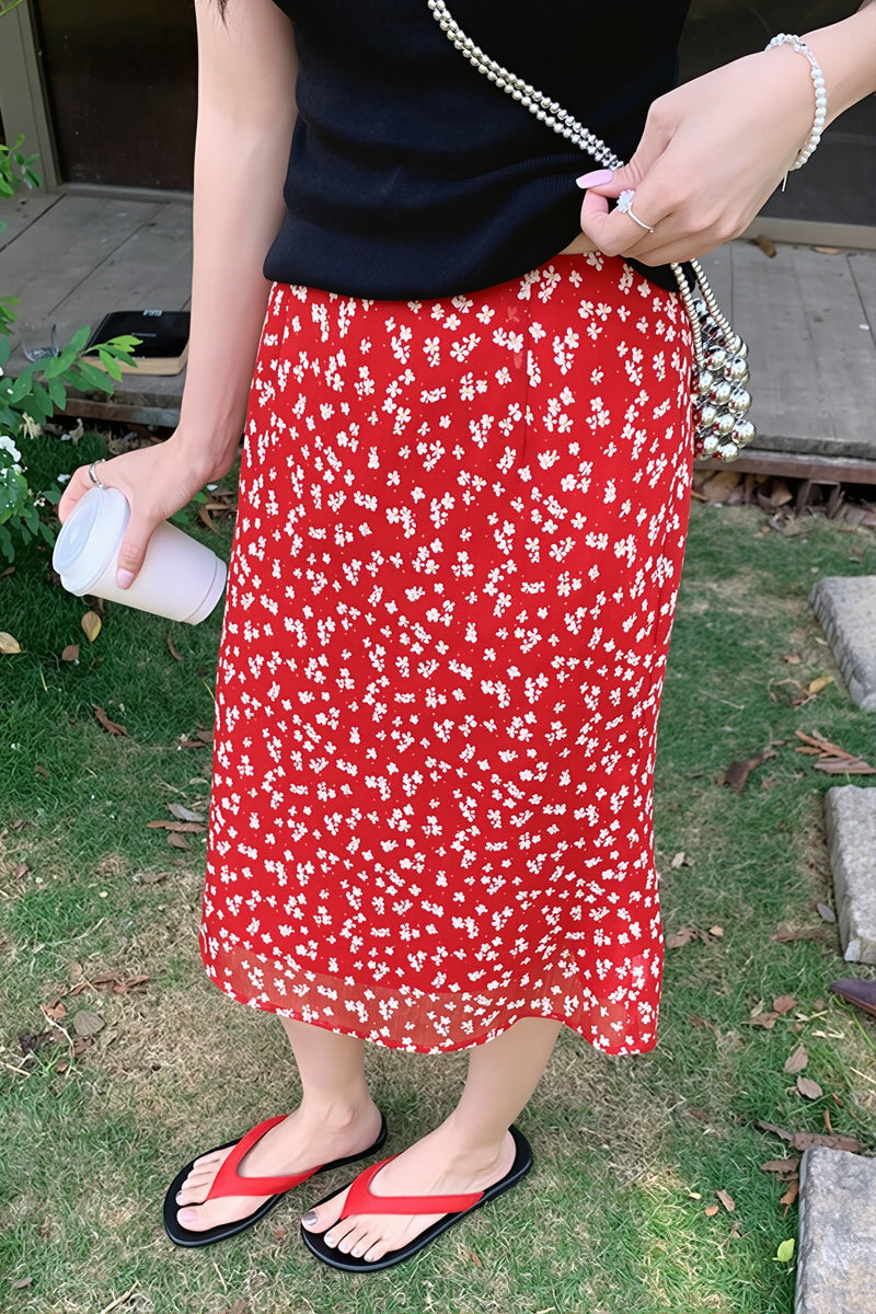 Vintage Red Floral High Waist Midi Skirt