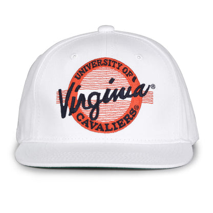 Virginia Retro Circle snapback hat in white, front view