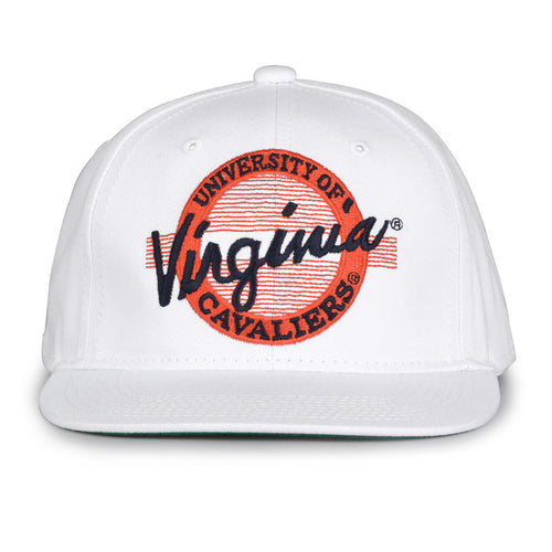 Virginia Retro Circle snapback hat in white, front view